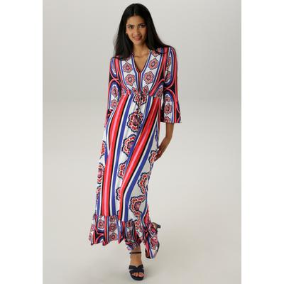 Maxikleid ANISTON SELECTED, Damen, Gr. 40, N-Gr, bunt (rot, lilla, weiß, schwarz, rosa, gelb), Single Jersey, Obermaterial: 95% Viskose, 5% Elasthan, gemustert, gestreift, modisch, figurumspielend knöchelfrei, V-Ausschnitt, 3/4-Ärmel Volant,... Image