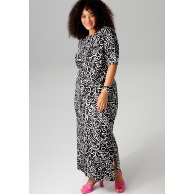 Maxikleid ANISTON PLUS, Damen, Gr. 54, N-Gr, schwarz-weiß (schwarz, weiß), Jersey, Obermaterial: 89% Viskose, 9% Polyester, 2% Elasthan, bedruckt, gemustert, feminin, figurbetont knöchelfrei, Rundhals, Halbarm, Kleider, in Wickel-Optik durch... Image