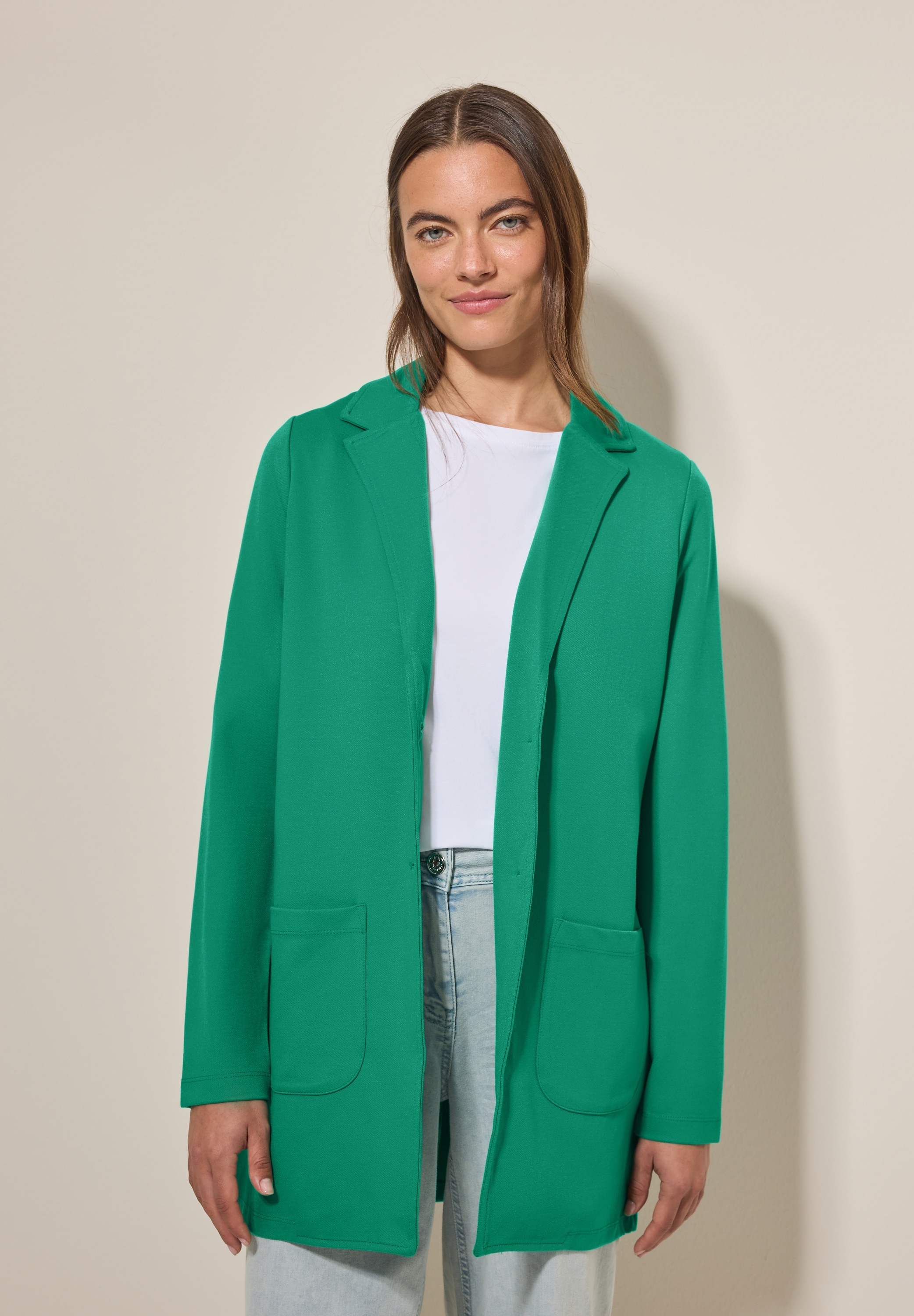 Longblazer CECIL, Damen, Gr. XL (44), grün (malachite grün), Stoff, 72% Viskose, 24% Polyamid, 4% Elasthan, Strukturmuster, normal hüftbedeckend, V-Ausschnitt, Bündchen, Blazer Longblazer, mit Reverskragen