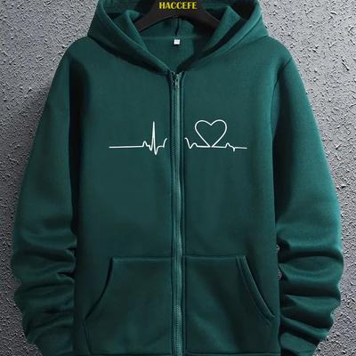 TEMU Men's Casual Geometric Heartbeat Hoodie - Polyester Knitted Zip-up Hooded Sweatshirt With Kangaroo Pocket, Regular Fit Long Sleeve Jacket For All Image