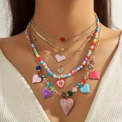 TEMU 5pcs Bohemian Chic Handmade Beaded Heart Necklace Set, Colorful Irregular Heart Sweater Chain With A Touch Of Dopamine, Stylish Layered Collarbone Jewelry For Women - And Any Occasion Image