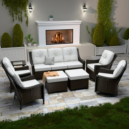 INTER HUT Stone Creek Patio Outdoor 8 Piece Wicker Swivel Chair Set 3-seat sofa Single Chair Side Table Ottomans Beige Cushions