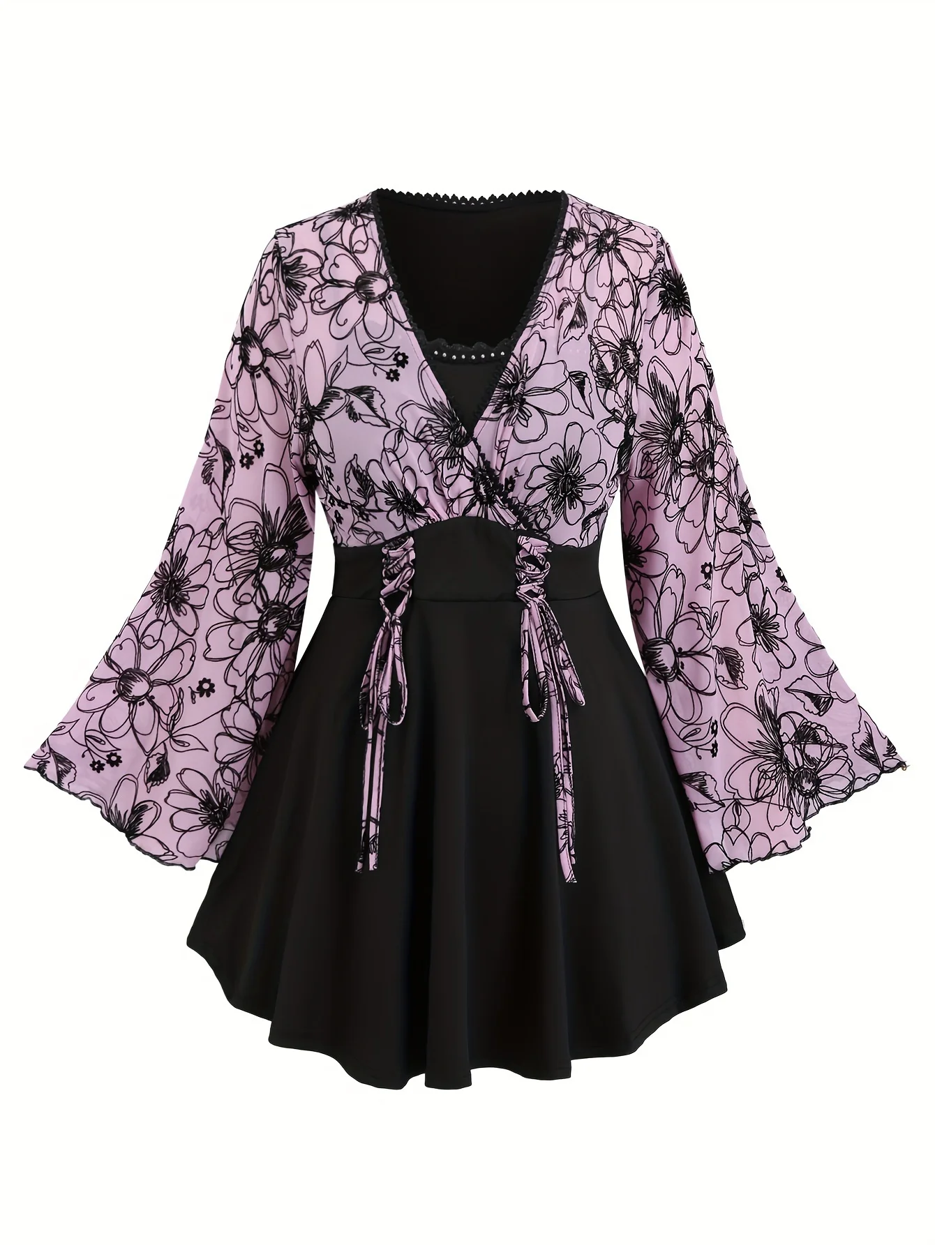 Europäische und amerikanische Plus Size Damen schwimmende Ärmel Blume Mesh Spitze Spitze Nähte Top Image