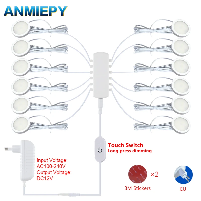 LED-Unterbauleuchte DC12V Touch-Schalter-Steuerung Dimmbare Puck-Rundleuchte 3W 5W Weiße Farbe Schrankbeleuchtung DIY-Set