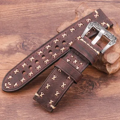 Handmade Armband Mit Retro Edelstahl Schnalle 4 Farben 22mm 24mm Männer Frauen Echtes Leder Image