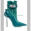 Lady pointed toe Crystal Flower Suede heeled Boots colorful pink fabric leather rubber embellished ankle boots stiletto shoes 43