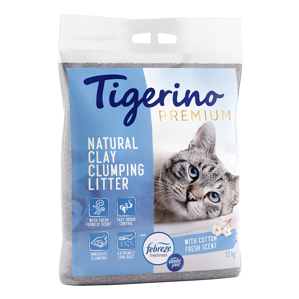 Litière Tigerino Premium Febreze Cotton Fresh pour chat - 2 x 12 kg