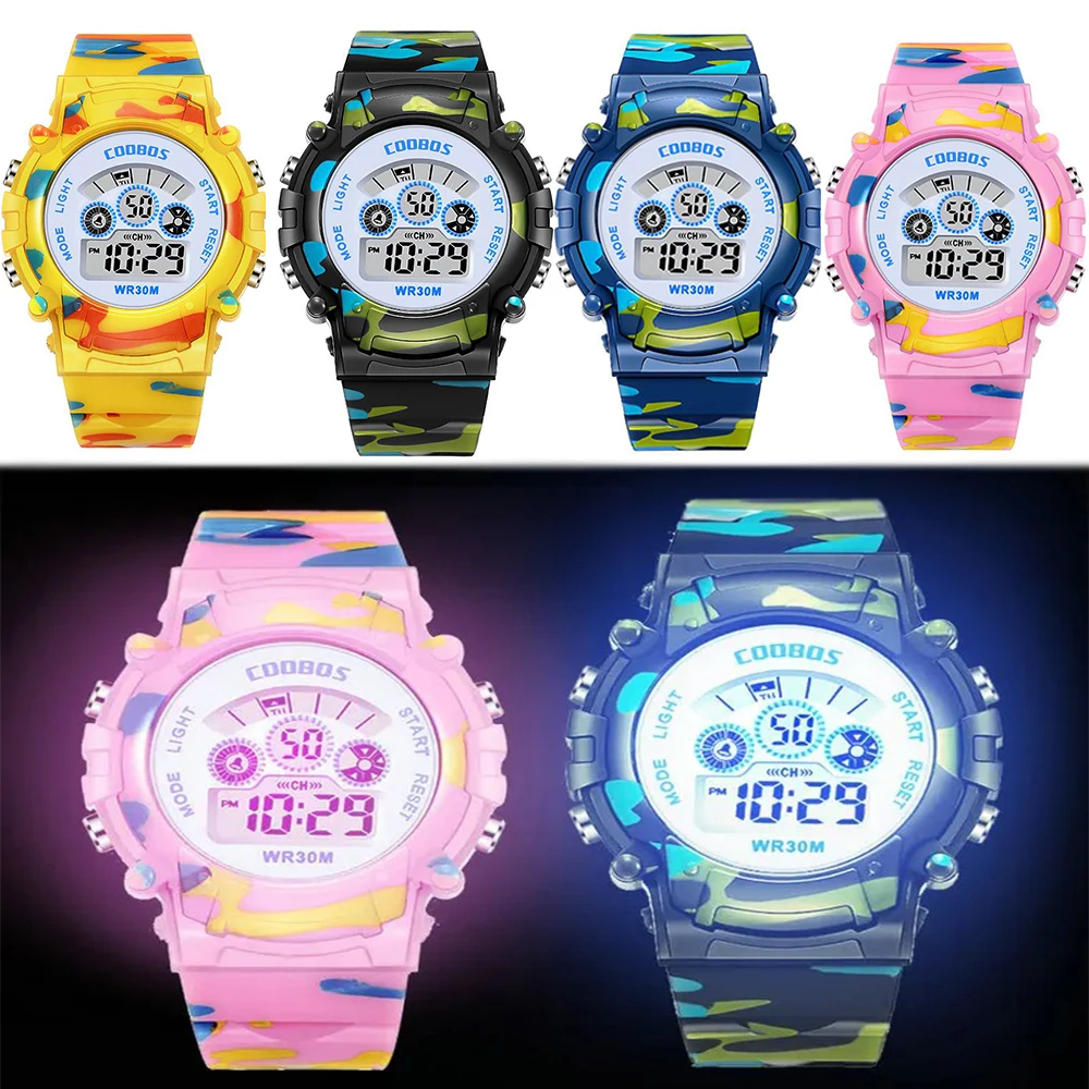 Leuchtende Camouflage-Kinderuhr, LED, bunt, blinkender digitaler Wecker, Kinderuhr, Outdoor-Sport, Zeitrechner Image