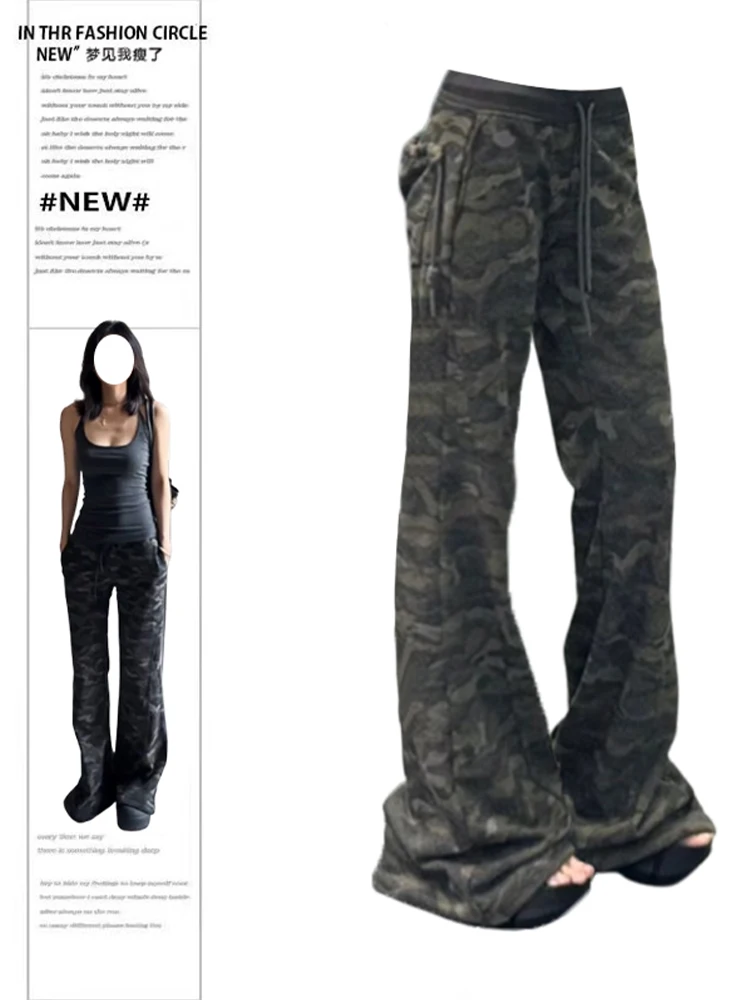 Frauen Camouflage Lange Hosen Gyaru Flare Hosen Y2K Jogger Japanischen Harajuku Dark Academia Sweat Hosen Bell-Bottom Low Rise Image