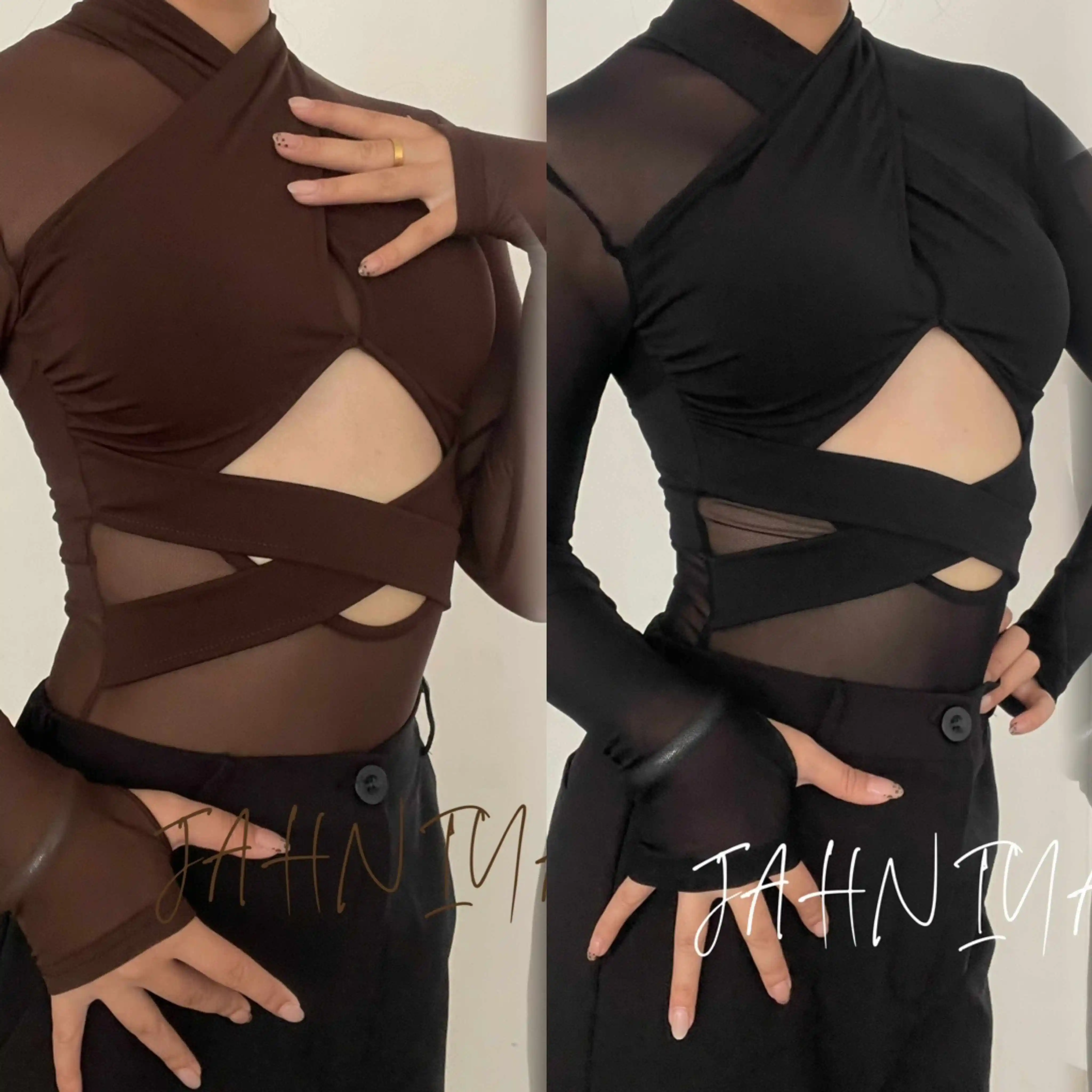 Latin Dance Kleidung Frauen Sexy Aushöhlen Mesh Braun Schwarz Trikots Praxis Tops Erwachsene Rumba Samba Salsa Tanz Kleidung NV21934