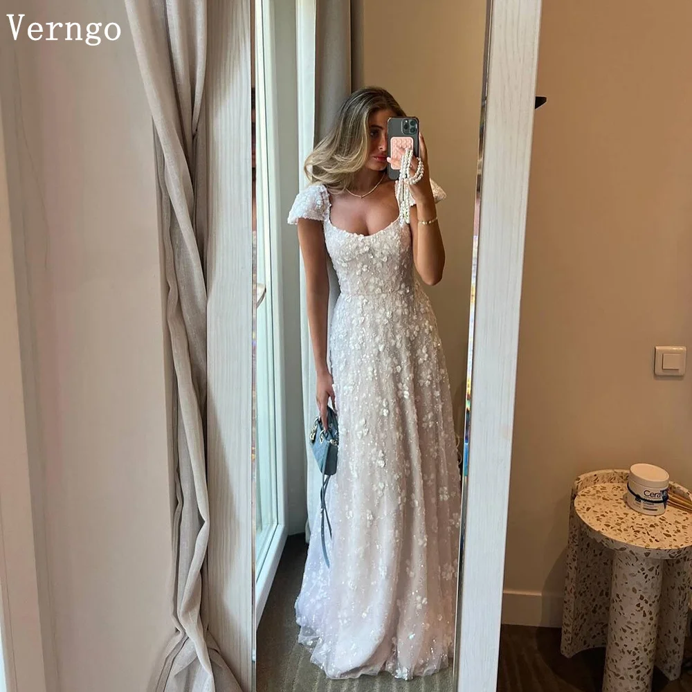 Verngo Elfenbein-Applikationen, Tüll-Brautkleid, O-Ausschnitt, kurze Ärmel, A-Linie, schmale Brautkleider, Reißverschluss, elegante Brautkleider, individuell gestaltet Image