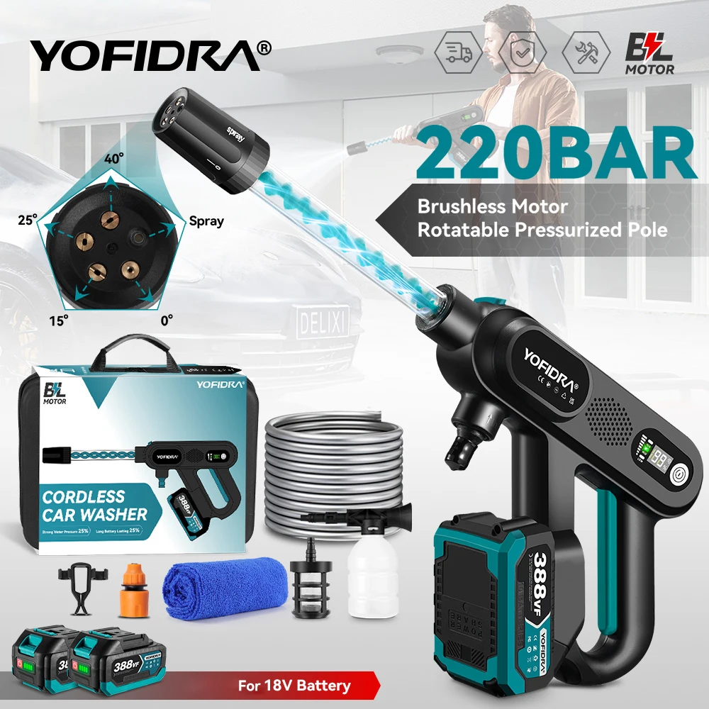 YOFIDRA 220 Bar bürstenloser Elektroauto-Waschmaschine, 3 Gänge, kabellos, wiederaufladbar, Reinigung, Gartenbewässerung, für Makita 18 V Batterie-Pin