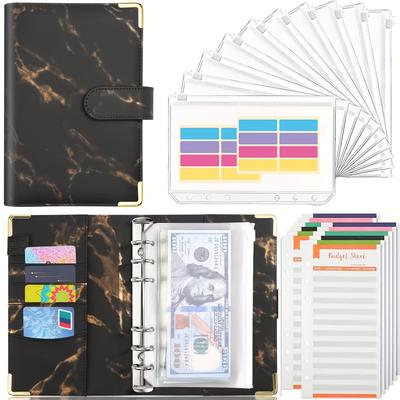 TEMU A6 Budget Binder, Cash Envelopes For Budgeting, Money Organizer For Cash, 23pcs Budget Binder With Cash Envelopes, Marble 6ring Saving Binder