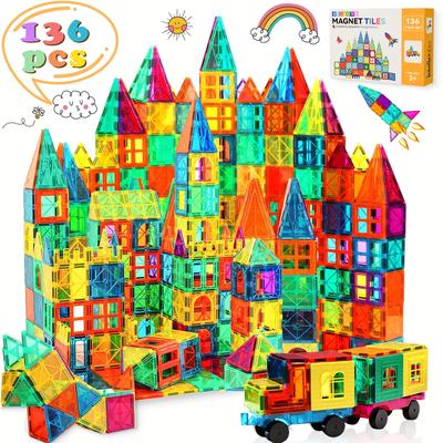 TEMU 136pcs Magnetic Blocks With 2 Cars, Magnetic Tiles Kids Toys, Magnet Tiles 3d Clear Building Blocks Set, Stem Sensory Educational Toys Birthday Gift For Kids Boys Girls 3 4 9+ Year Old