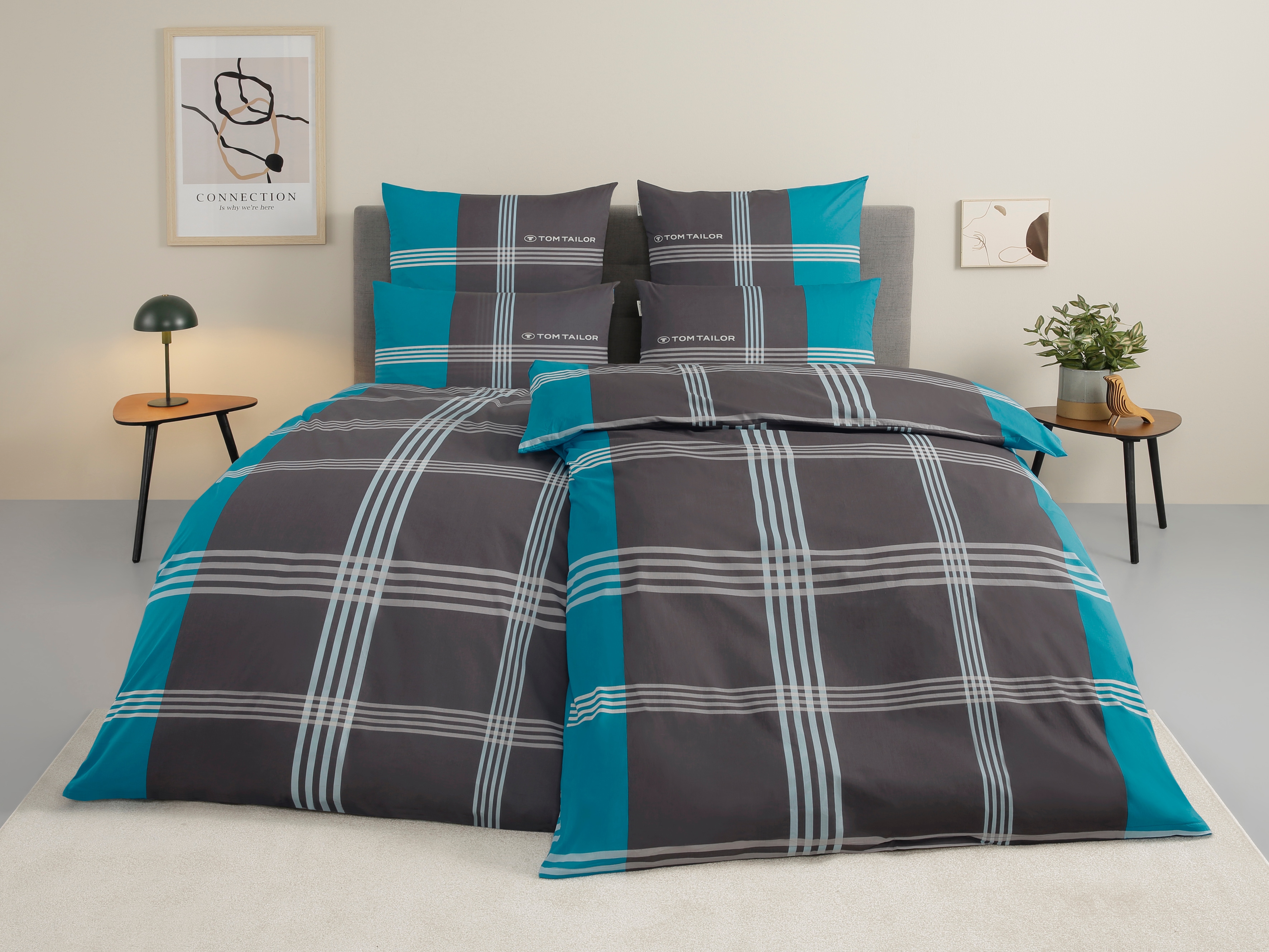 Bettwäsche TOM TAILOR HOME "Ole", blau (türkis), B/L: 155cm x 220cm, 1 Stk., 1 Stk., Renforcé, B/L: 80cm x 80cm, 2 Stk., Renforcé, Obermaterial: 100% Baumwolle, Bettwäsche, Bettwäsche, karierte Bettwäsche aus Baumwolle, mit Reißverschluss