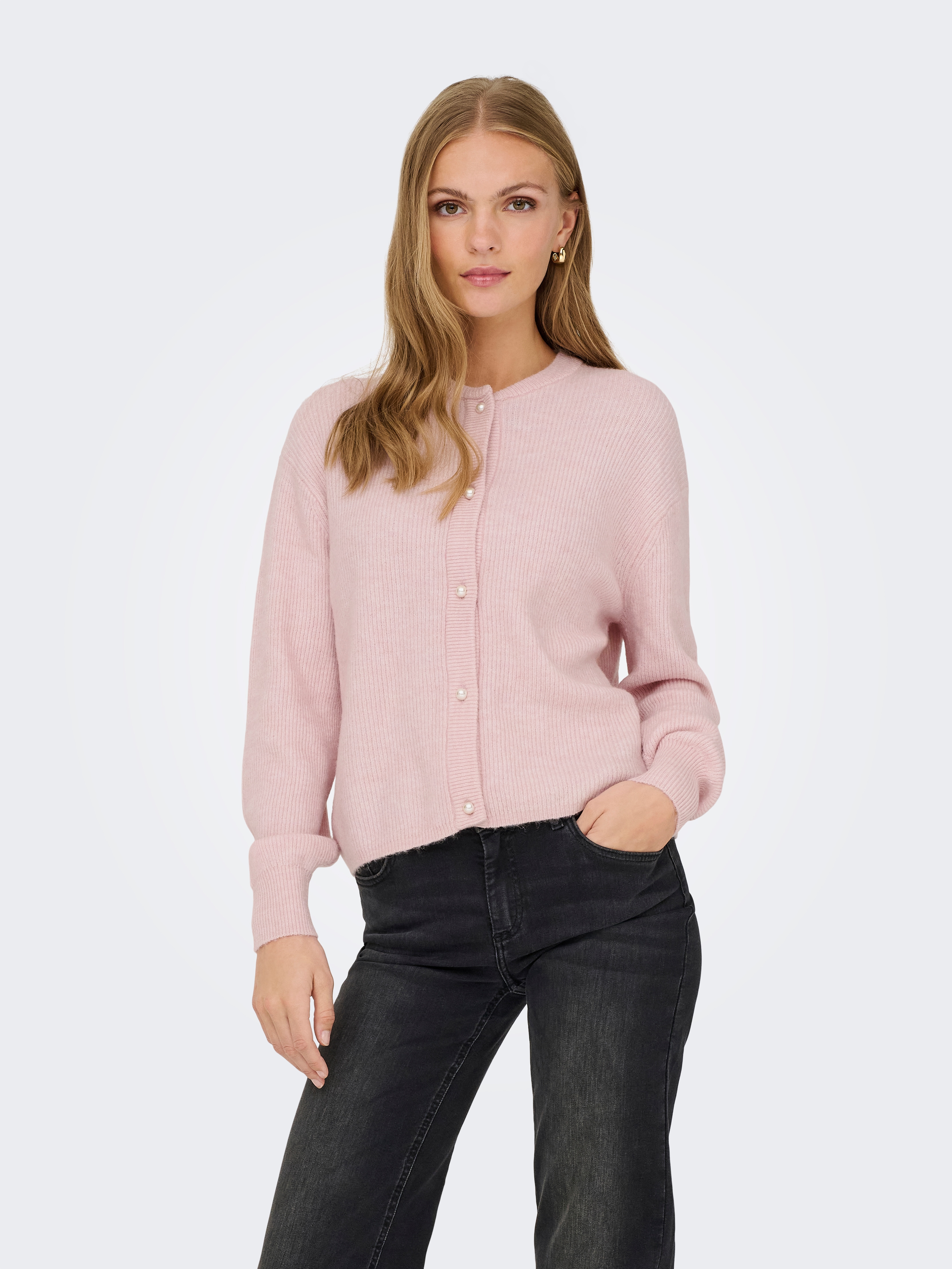 Strickjacke JDY "JDYLUMI LIFE L/S BUTTON CARDIGA KNT NOOS", Damen, Gr. L, lila (light lila detail:melange), Strick, Obermaterial: 52% Polyester, 41% Polyacryl, 4% Wolle, 3% Elasthan, meliert, regular fit normal, Rundhals, Strickjacken Strickjacke