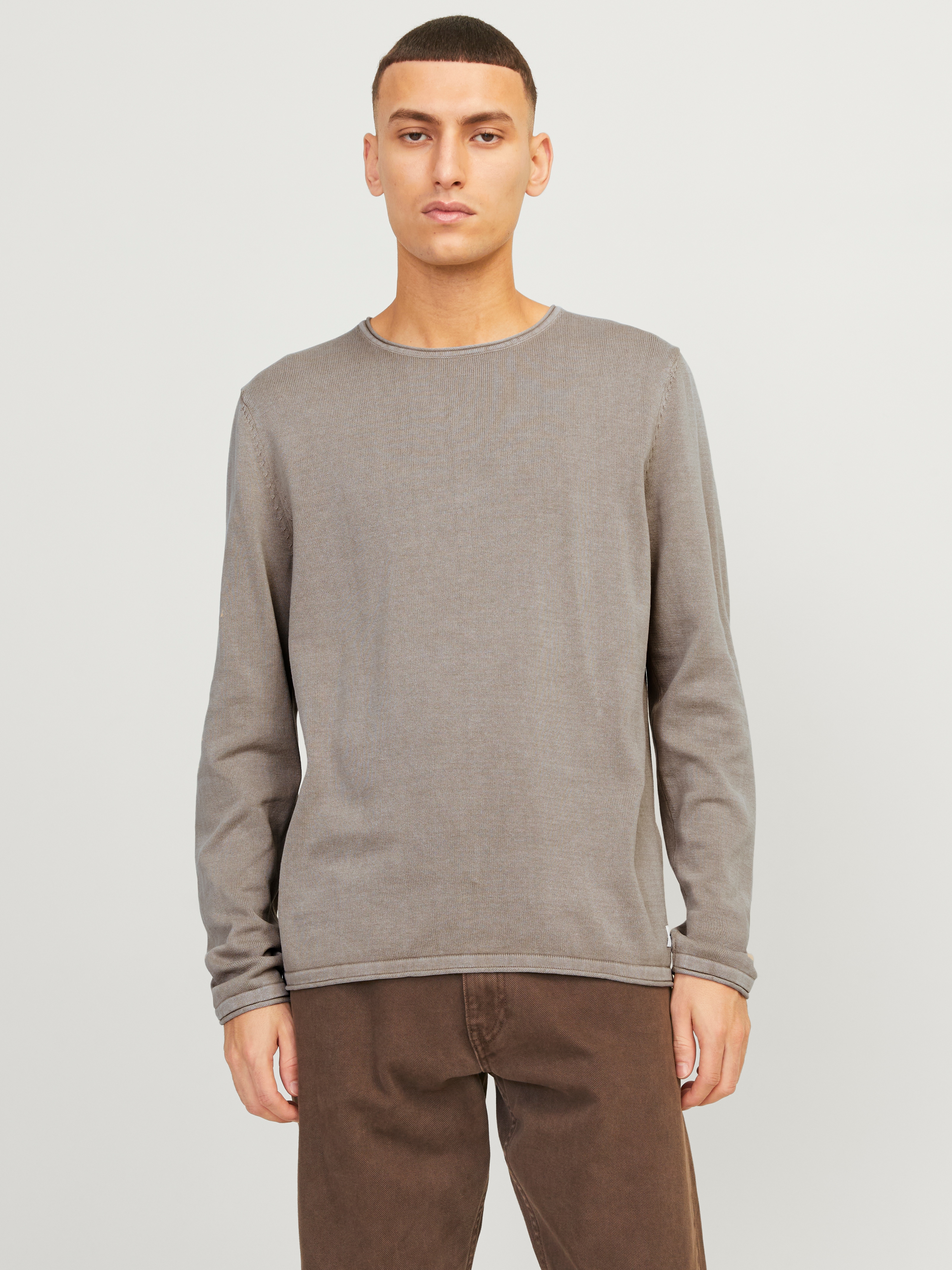 Rundhalspullover JACK & JONES "JJELEO aus pflegeleichter Baumwollqualität", Damen, Gr. S, beige, Obermaterial: 100% Baumwolle, schmal, Rundhals, Pullover Rundhalspullover, unifarben, modisch, schmal, Baumwolle, Rundhals