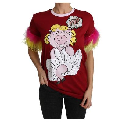 Dolce & Gabbana Damen T-Shirt mit rotem Schweinedruck und Federärmeln Image