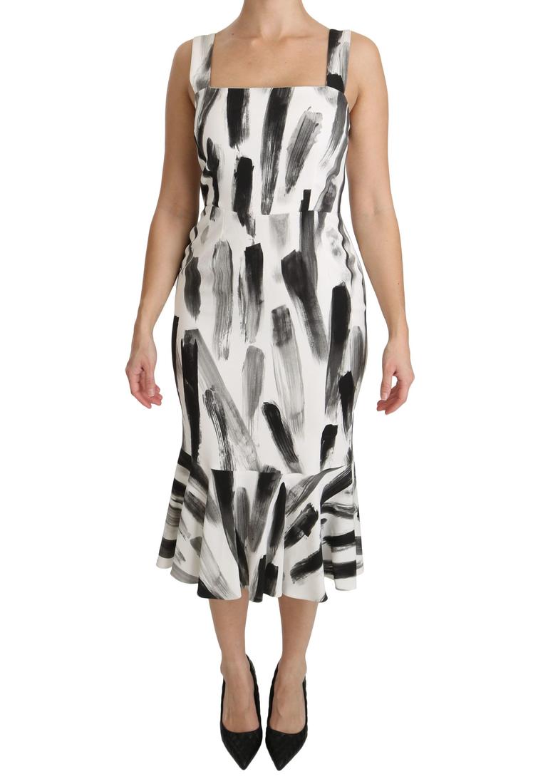 Dolce & Gabbana Damen Kleid in Weiß-Schwarz mit Druck, Midi, aus Viskose