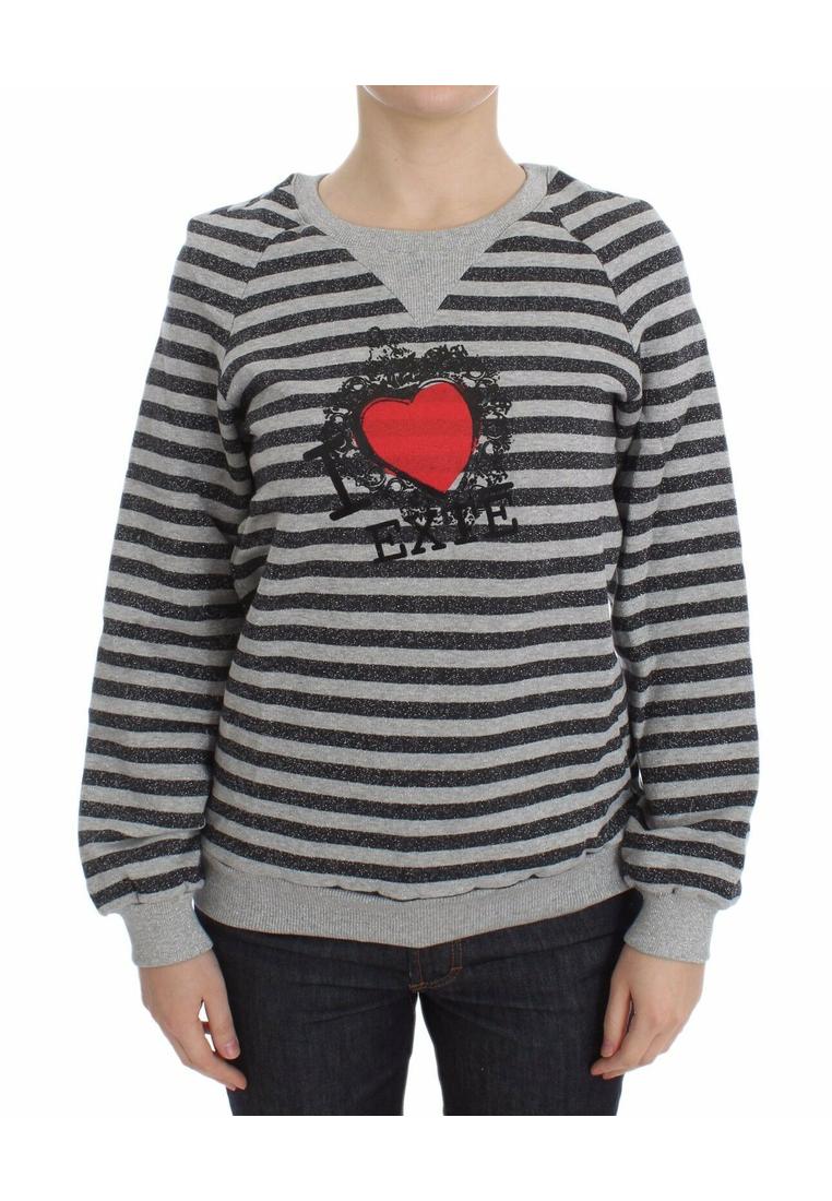 Exte Damen Grauer Gestreifter Baumwoll-Pullover mit Rundhalsausschnitt Image
