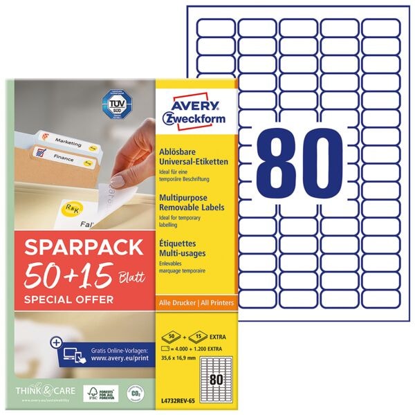 Avery Zweckform Universal-Etiketten wiederablösbar weiß 35,6x16,9 mm 5200 Stück L4732REV-65 weiß Image