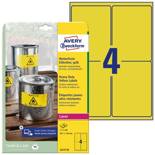 Avery Zweckform 80 gelbe wetterfeste Folien-Etiketten 33,1 x 139 mm »« Image