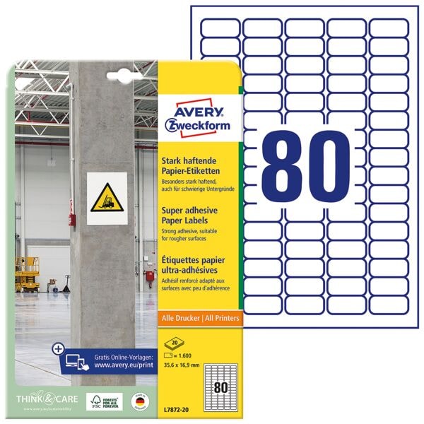 Avery Zweckform 1.600 Papier-Etiketten stark haftend - 35,6 x 16,9 mm Image