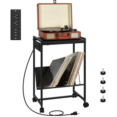 Record Player Stand with Vinyl Storage Side Table with Charging Station, 2 Tier with wheels Record