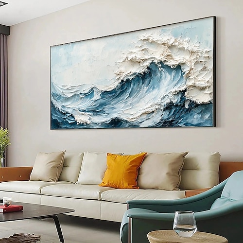 3D gerahmtes Ölgemälde mit Meereswellen, handgemaltes Ölgemälde mit blauem Ozean auf Leinwand, handgefertigt, abstrakte Natur, blaues Meer, strukturiertes Gemälde, Wandkunst, minimalistisches großes