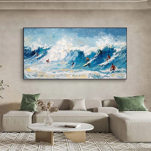 handgemachtes Original Surfsport Ölgemälde auf Leinwand abstrakte Ozeanwellen Wandkunst für Wohndekor mit gespanntem Rahmen ohne Innenrahmen Gemälde Image