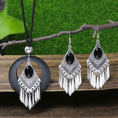TEMU Vintage Jewelry Set For Women, 3pcs Zinc Alloy With Black Turquoise , Sequin Tassel Earrings, Double Layer Pendant Necklace Combo, Fashionable Minimalist Accessories For Daily & Gift Image