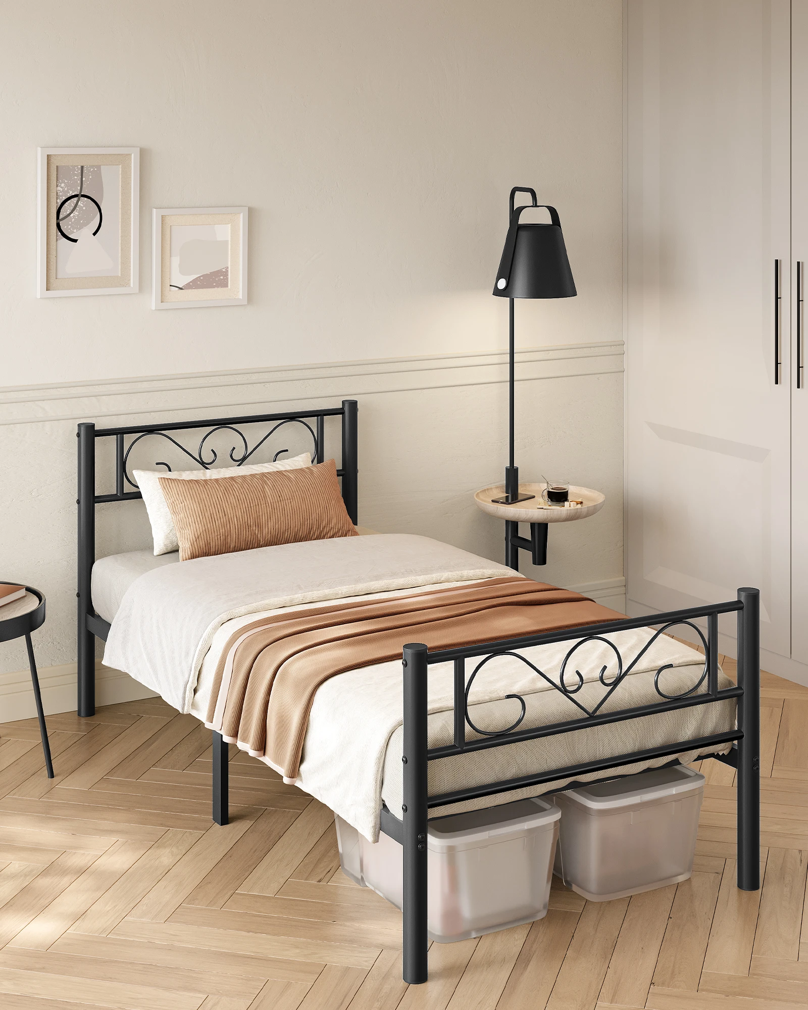 VASAGLE Bett 90 x 200 cm, Gästebett, Einzelbett aus Metall, Bettgestell, Bettrahmen, Metallbett, einfache Montage, tintenschwarz Image