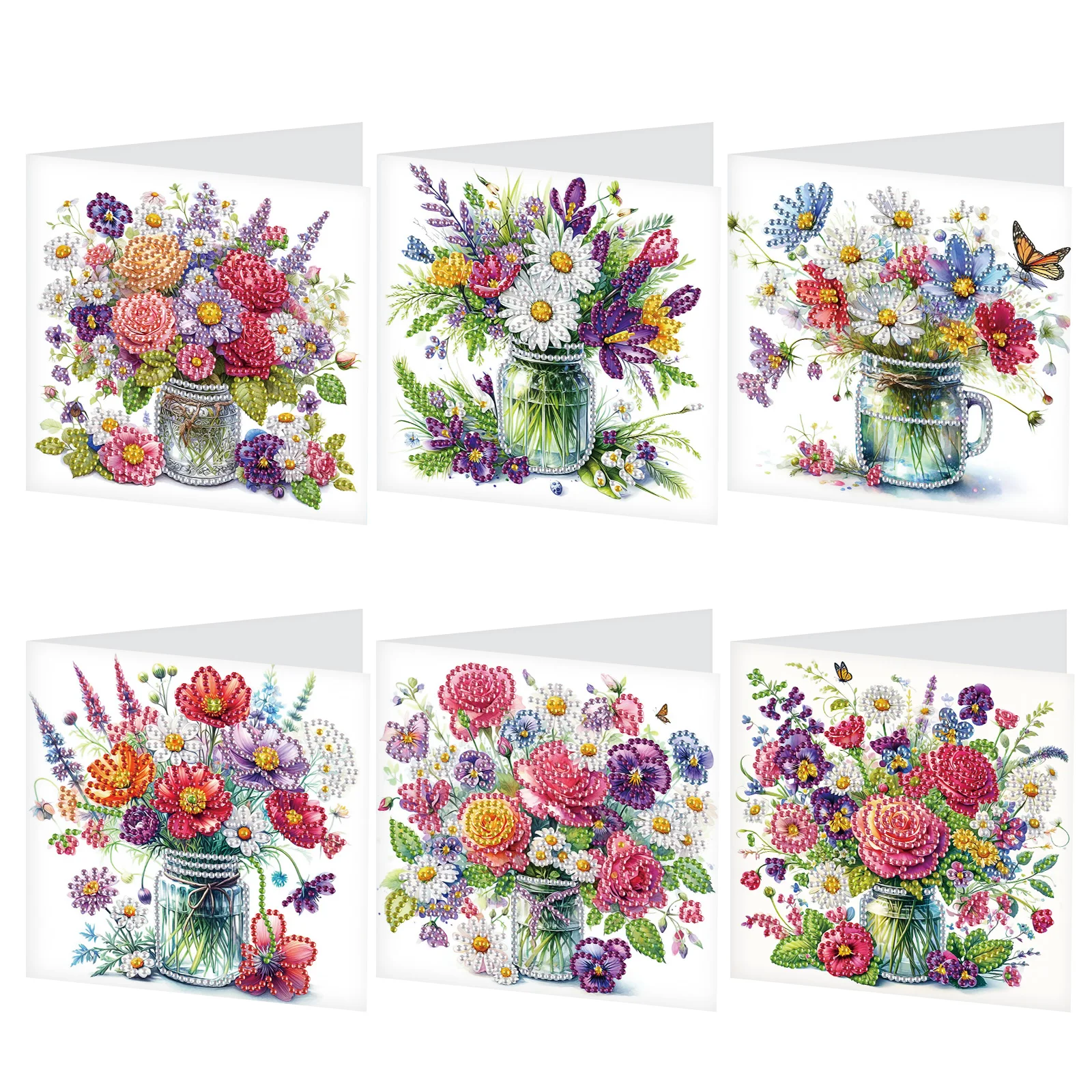 6 Stück Diamond Art Malerei Grußkarten-Set, Diamond Art Grußkarten, Blumen, speziell geformte Diamant-Grußkarte, Kunstgeschenke Image