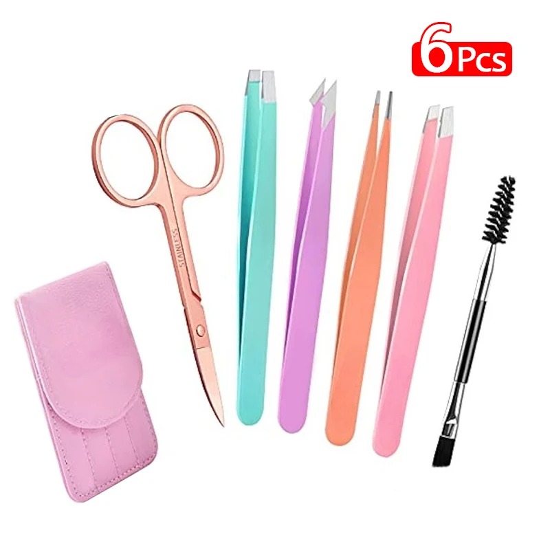 6-teiliges Pinzetten-Set aus Edelstahl für Augenbrauen, gebogene Schere, für Damen, Reisen, Alltag, Schönheitswerkzeug-Set mit Leder-Reisetasche Image
