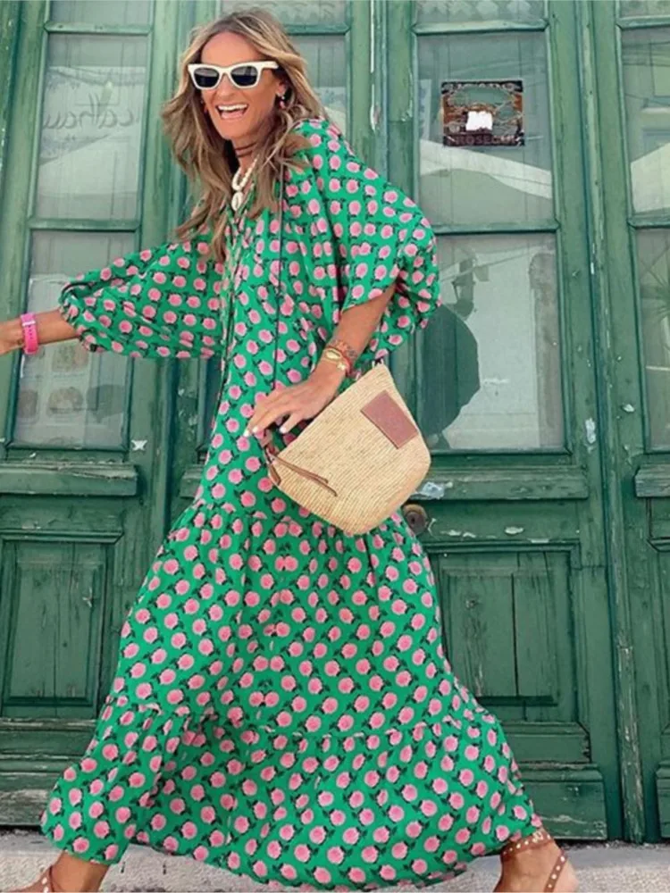 Automne vêtements pour femmes nouvelle mode imprimé géométrique robe à manches bulles rue grande taille sept quarts manches vêtements pour femmes