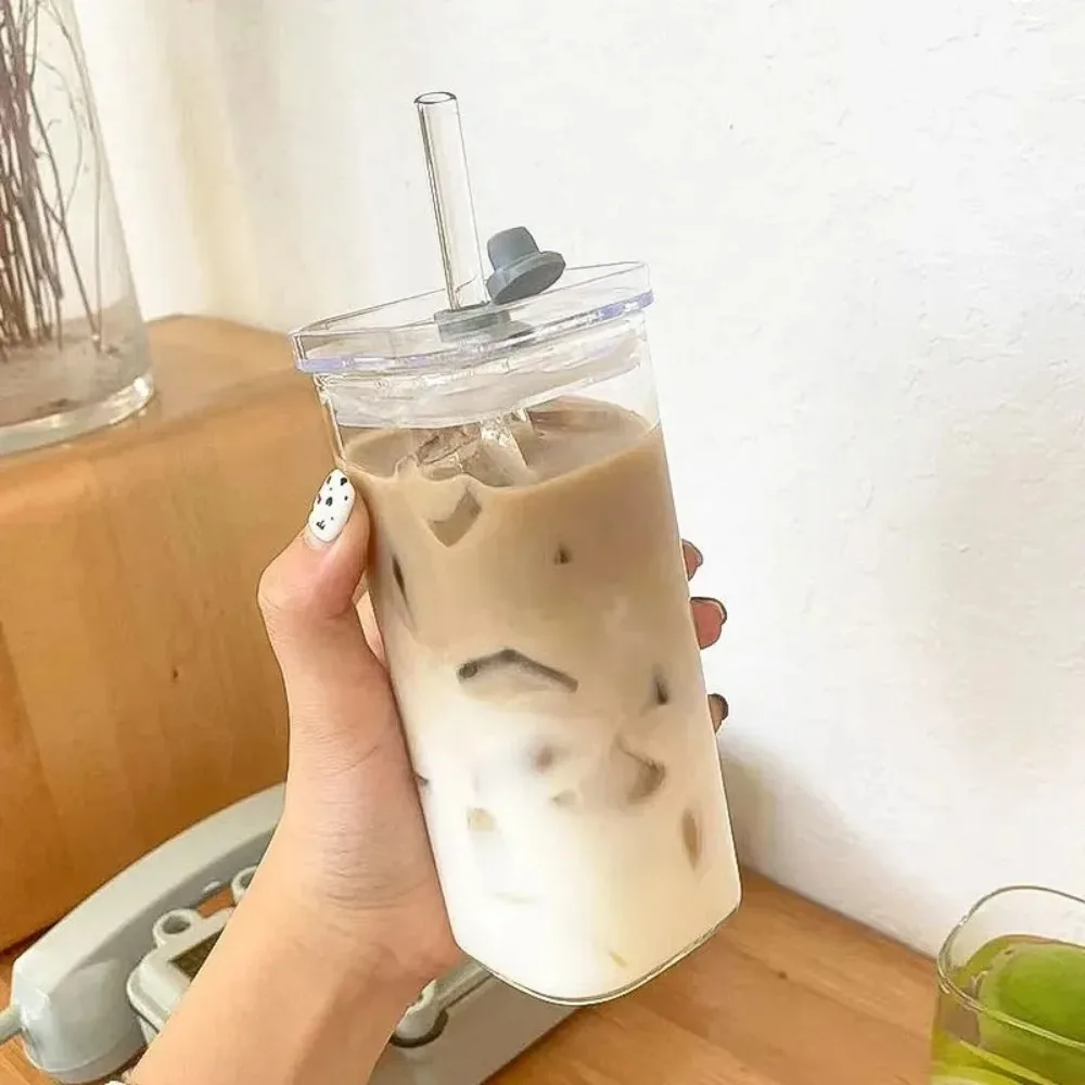 1 stücke Platz Hitzebeständige Kaffee Glas Tasse Mit Deckel und Stroh Transparent Milch Tee Saft Tassen Kaffee Becher Für home Bar Drink Image