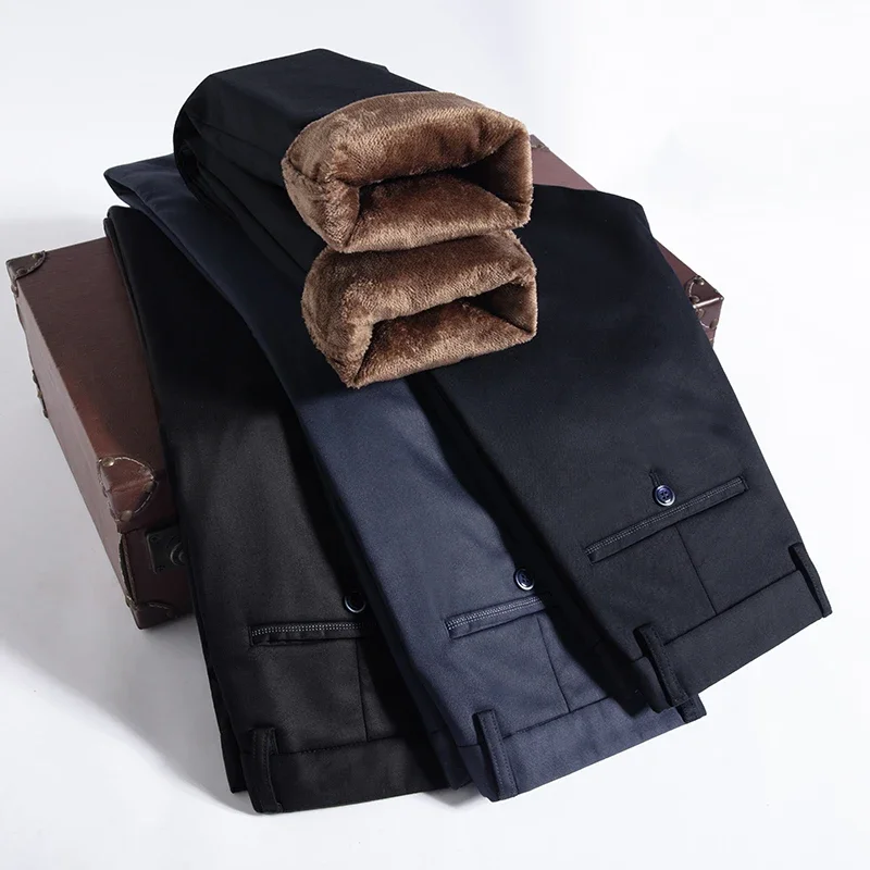 Winter Fleece Herren Business Hosen Klassische Hosen Elastische Verdickte Warme Flanell Gerade Casual Marke Plüsch Hosen Image
