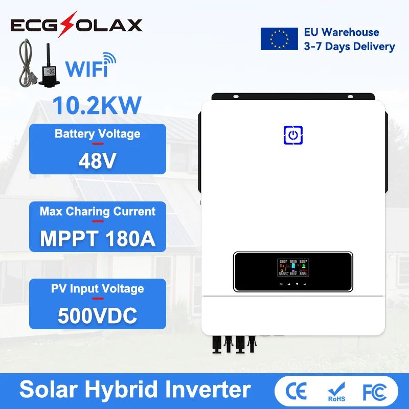 ECGSOLAX 10,2 kW Hybrid-Solarwechselrichter 48 V 230 VAC mit Dual-MPPT 180 A Laderegler 10 kW netzunabhängiger Solar-Hybrid-Wechselrichter Image