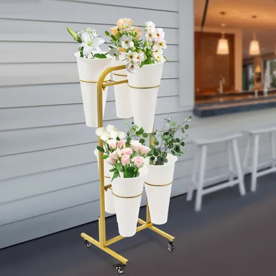 2-Tier Metal Flower Display Stand with 6 Buckets & Wheels, Heavy Duty Plant Shelf for Home/Wedding