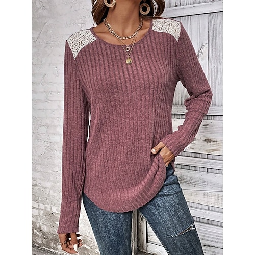 Damen Elegante Spitze Tops Loch Bluse Lässige Einfarbige Reguläre Tops Lange Ärmel Rundhals Spitze Patchwork Reguläre Passform Alltag Rote Graue Romantische Kleine Größen Tops Sommerurlaub Kleidung Image