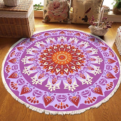 Runder Teppich mit Mandala-Quaste im Ethno-Stil, Wohnzimmer, Schlafzimmer, Couchtisch, Bodenmatte Image