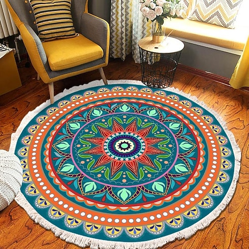 Runder Teppich mit Mandala-Quaste im Ethno-Stil, Wohnzimmer, Schlafzimmer, Couchtisch, Bodenmatte Image