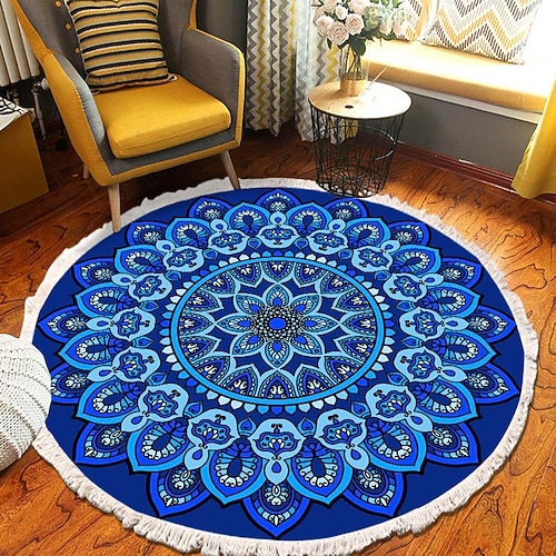 Runder Teppich mit Mandala-Quaste im Ethno-Stil, Wohnzimmer, Schlafzimmer, Couchtisch, Bodenmatte Image