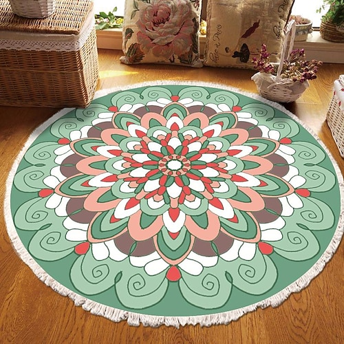 Runder Teppich mit Mandala-Quaste im Ethno-Stil, Wohnzimmer, Schlafzimmer, Couchtisch, Bodenmatte Image