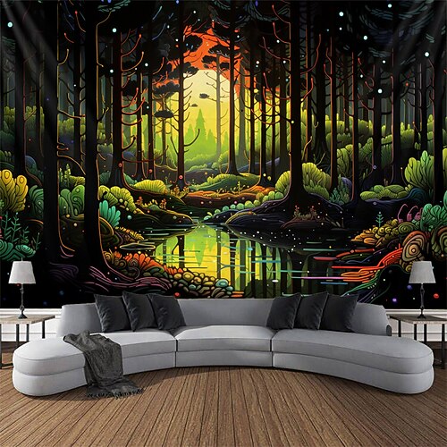 Schwarzlicht-Wandteppich, UV-reaktives Leuchten im dunklen Wald, Trippy Pathway, neblige Naturlandschaft, hängender Wandteppich, Wandkunst-Wandbild für Wohnzimmer, Schlafzimmer Image