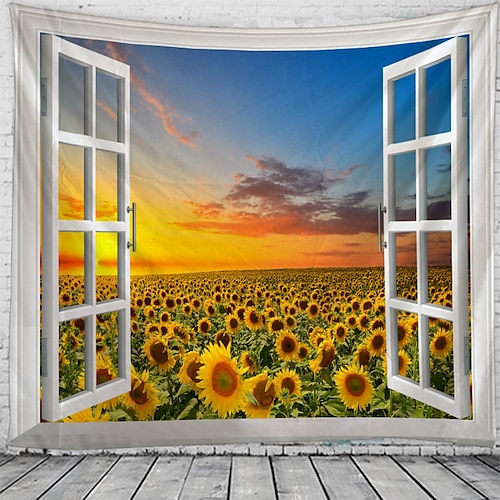 Fenster Landschaft Wandteppich Kunst Dekor Decke Vorhang hängen zu Hause Schlafzimmer Wohnzimmer Dekoration Garten Sonnenblume Sonnenuntergang Pastoral