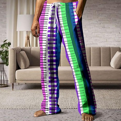 Herren Gestreift Hosen Hose Mittlere Taille Kordelzug Elastischer Bund Hawaiianisch Lässig Outdoor Ferien Strandbekleidung Gerade Hosen Sommer Frühling Herbst 3D-Druck Hellblau Blau Orange Image
