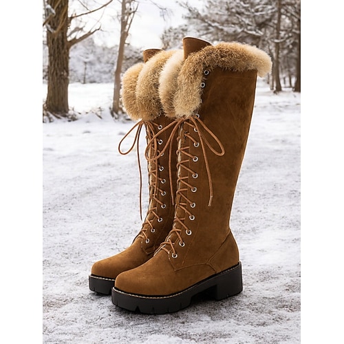 Kniehohe Damenstiefel aus Wildlederimitat mit Schnürung und Kunstfellbündchen – stylischer Winterschuh mit dicker Sohle Image