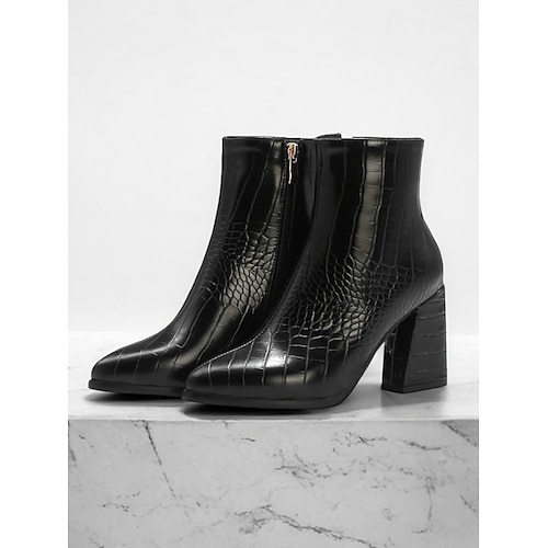 Grüne Stiefeletten aus Kunstleder mit Krokodilprägung für Damen mit Blockabsatz und spitzer Zehenpartie – ideal für legere oder elegante Anlässe Image