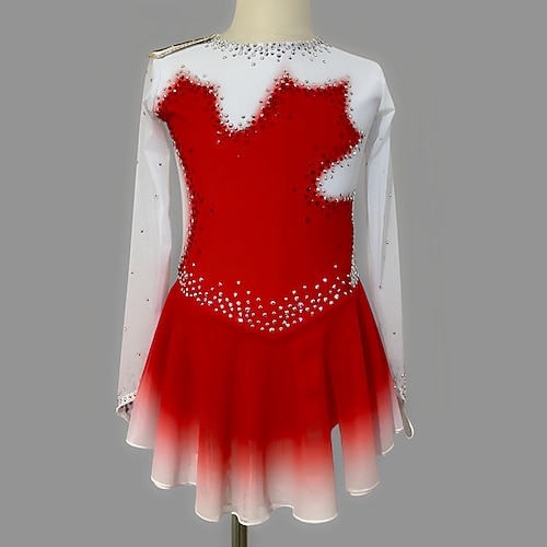 Eiskunstlaufkleid Damen Mädchen Eislaufen Kleider Rot Weiß Schwarz Weiß Daumenloch Halo-Färbung Gitter Spandex elastisch Ausbildung Praxis Professionell Eiskunstlaufkleidung warm Klassisch Kristalle Image